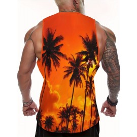 Sunset Coconut Tree Print Casual Slightly Stretch Round Neck Tank Top, Men's Tank Top For Summer Outdoor Gym Workout Bodybuilding Fitness