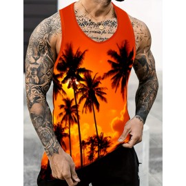 Sunset Coconut Tree Print Casual Slightly Stretch Round Neck Tank Top, Men's Tank Top For Summer Outdoor Gym Workout Bodybuilding Fitness