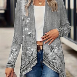 Plus Size Floral Cardigan - Chic Asymmetric Hem, Casual Stretch Coat, Perfect for Spring to Fall