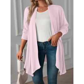 Plus Size Casual Coat, Women's Plus Solid Long Sleeve Open Front Asymmetric Hem Medium Stretch Cardigan Overcoat