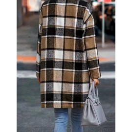 Plus Size Casual Coat, Women's Plus Plaid Print Long Sleeve Button Up Lapel Collar Longline Coat