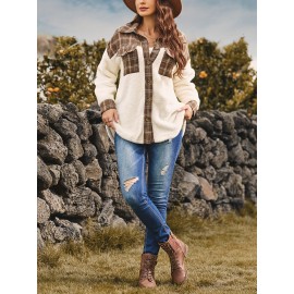 Plus Size Plaid Stitching Jacket, Casual Long Sleeve Polo Collar Colorblock Outwear, Women's Plus Size Clothing