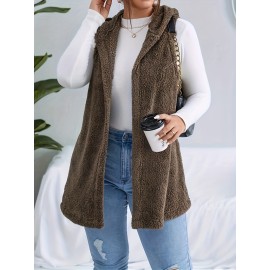 Plus Size Casual Faux Fur Coat, Women's Plus Solid Teddy Fleece Hoodie Open Front Tunic Vest Coat