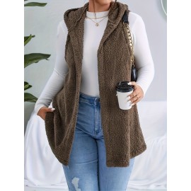 Plus Size Casual Faux Fur Coat, Women's Plus Solid Teddy Fleece Hoodie Open Front Tunic Vest Coat