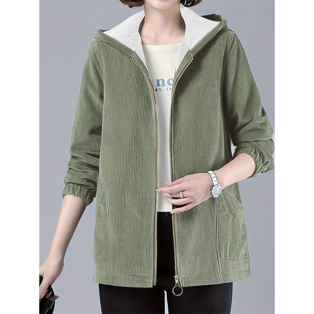 Plus Size Casual Coat, Women's Plus Solid Liner Fleece Corduroy Zipper Long Sleeve Hooded Coat With Pockets