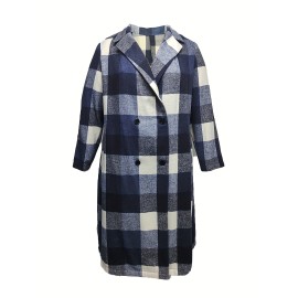 Plus Size Casual Trench Coat, Women's Plus Plaid Print Double Breasted Long Sleeve Lapel Collar Long Trench Coat