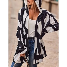 Plus Size Casual Coat, Women's Plus Colorblock Geometric Print Long Sleeve Hooded Cardigan