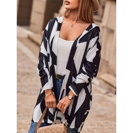 Plus Size Casual Coat, Women's Plus Colorblock Geometric Print Long Sleeve Hooded Cardigan