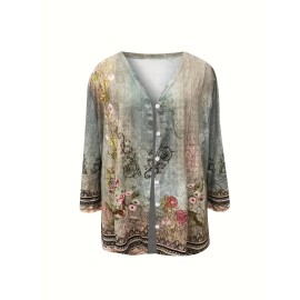 Plus Size Elegant Coat, Women's Plus Floral Print Button Up Bell Sleeve V Neck Medium Stretch Coat