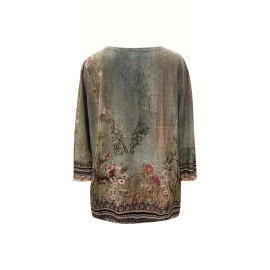 Plus Size Elegant Coat, Women's Plus Floral Print Button Up Bell Sleeve V Neck Medium Stretch Coat