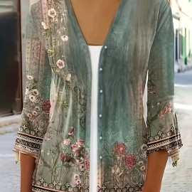 Plus Size Elegant Coat, Women's Plus Floral Print Button Up Bell Sleeve V Neck Medium Stretch Coat