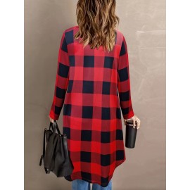 Plus Size Plaid Print Open Front Coat, Casual Long Sleeve Top For Spring & Fall, Women's Plus Size Clothing