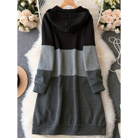 Plus Size Casual Sweatshirt, Women's Plus Colorblock Long Sleeve Zipper Front Slight Stretch Hoodie