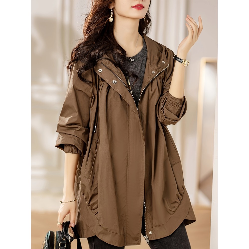 Plus Size Solid Hooded Trench Coat, Casual Zip Up Long Sleeve Coat, Women's Plus Size Clothing