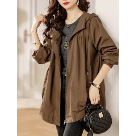 Plus Size Solid Hooded Trench Coat, Casual Zip Up Long Sleeve Coat, Women's Plus Size Clothing