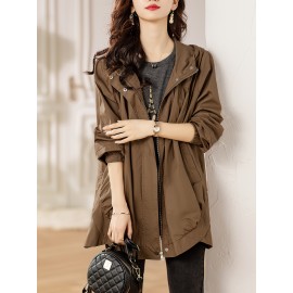 Plus Size Solid Hooded Trench Coat, Casual Zip Up Long Sleeve Coat, Women's Plus Size Clothing