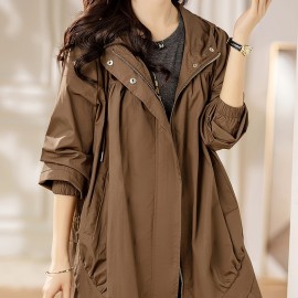 Plus Size Solid Hooded Trench Coat, Casual Zip Up Long Sleeve Coat, Women's Plus Size Clothing