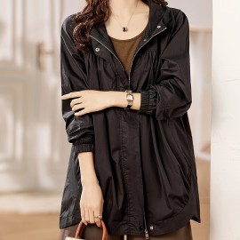 Plus Size Solid Hooded Trench Coat, Casual Zip Up Long Sleeve Coat, Women's Plus Size Clothing