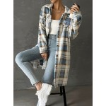 Plus Size Casual Coat, Women's Plus Plaid Print Fleece Long Sleeve Button Up Lapel Collar Longline Coat