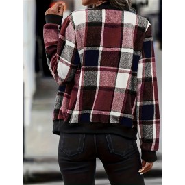 Plus Size Casual Coat, Women's Plus Plaid Print Zipper Long Sleeve Slim Fit Bomber Jacket