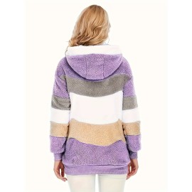 Plus Size Striped Fuzzy Coat, Casual Long Sleeve Hooded Zipper Coat For Winter, Women's Plus SizeÂ Clothing