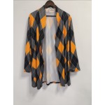 Plus Size Boho Coat, Women's Plus Argyle Print Long Sleeve Open Front Slight Stretch Cardigan Coat