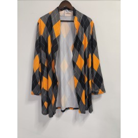 Plus Size Boho Coat, Women's Plus Argyle Print Long Sleeve Open Front Slight Stretch Cardigan Coat