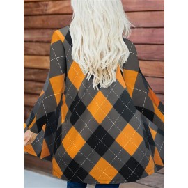 Plus Size Boho Coat, Women's Plus Argyle Print Long Sleeve Open Front Slight Stretch Cardigan Coat