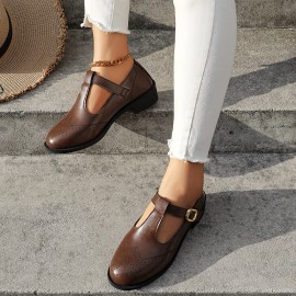 Women's Vintage Brogue Oxfords, Solid Color Round Toe Buckle Strap Shoes, Casual Chunky Low Heeled Shoes