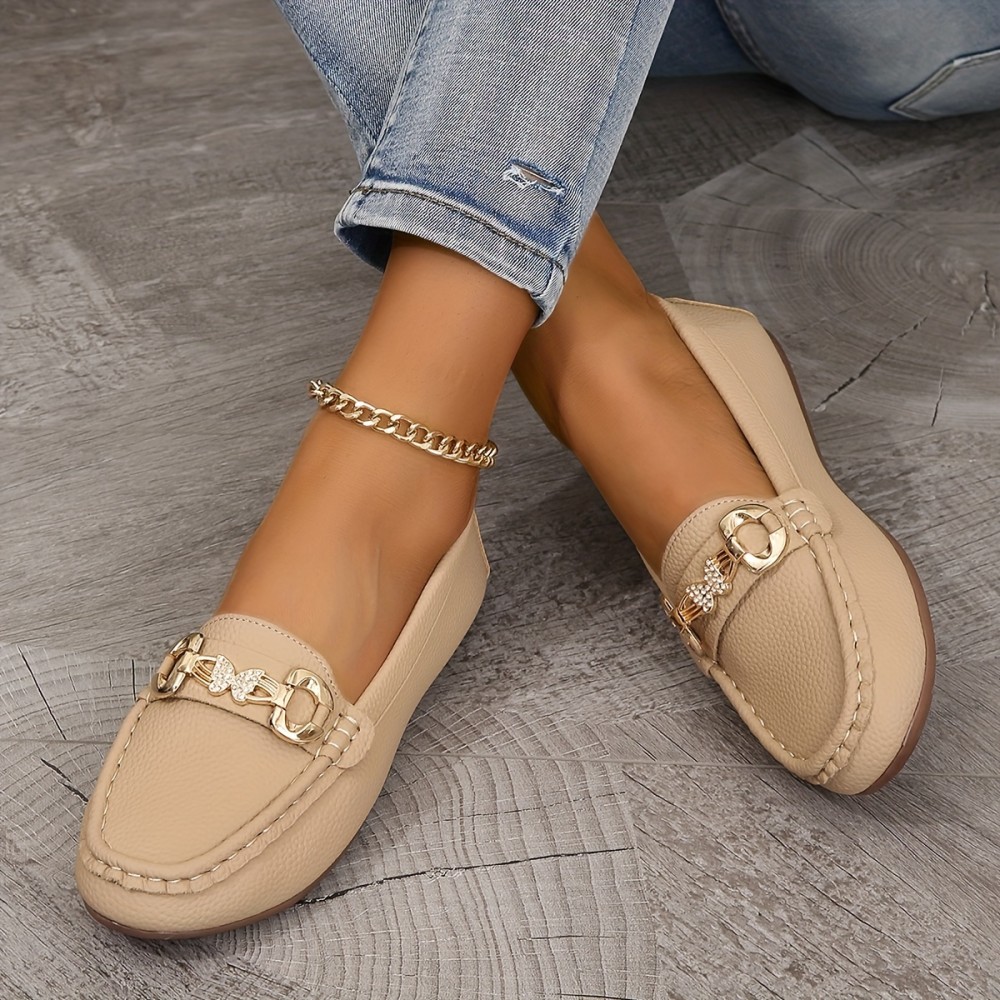 Women's Metallic Buckle Decor Loafers, Slip On Soft Sole Comfy Low-top Shoes, Lightweight Non-slip Shoes