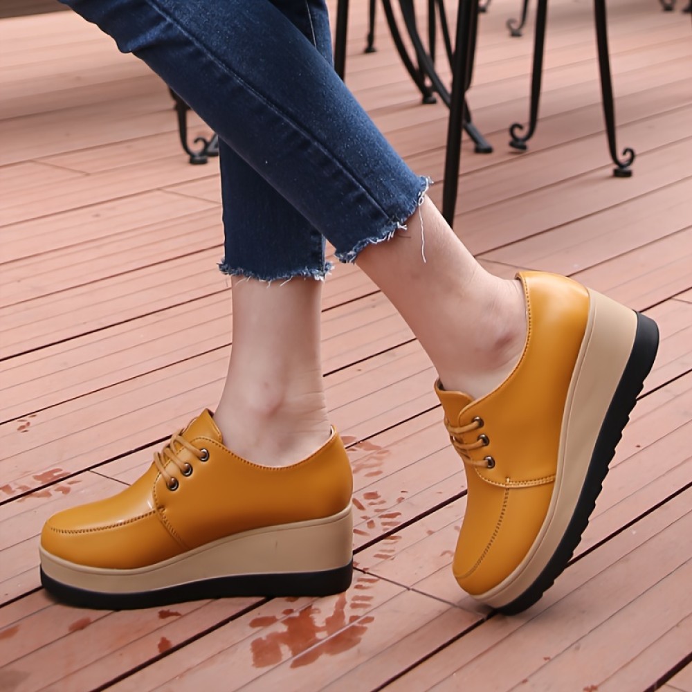 Women's Casual Wedge Oxfords, Round Toe Lace Up Platform Shoes, All-Match Low Top Outdoor Shoes