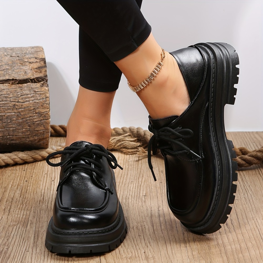 Women's Solid Color Oxford Shoes, Lace Up Comfy Soft Sole Platform Loafers, Minimalist Low-top Preppy Shoes