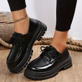 Women's Solid Color Oxford Shoes, Lace Up Comfy Soft Sole Platform Loafers, Minimalist Low-top Preppy Shoes