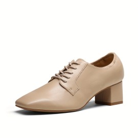 Women's Retro Lace Up Oxford Shoes, Solid Color Square Toe Chunky Low Heels, All-Match Pumps For Formal Occasions