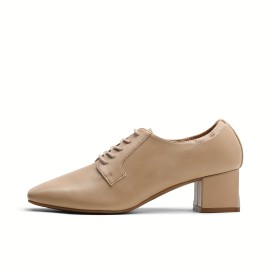 Women's Retro Lace Up Oxford Shoes, Solid Color Square Toe Chunky Low Heels, All-Match Pumps For Formal Occasions