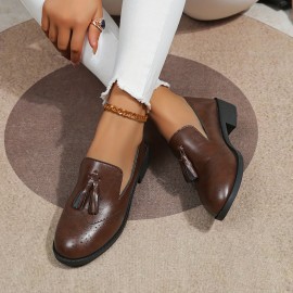 Women's Tassel Decor Brogue Shoes, Retro Solid Color Chunky Low Heeled Oxfords, Casual Slip On Shoes