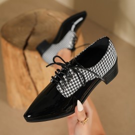 Women's Classic Lace-up Brogue Shoes, Pointed Toe Soft Sole Houndstooth Print Dressy Shoes, Vintage Preppy Deep Mouth Single Shoes