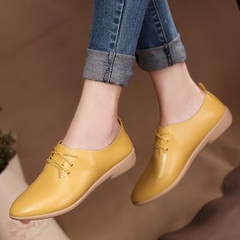 Women's Solid Color Flat Oxfords, Comfortable Pointed Toe Lace Up Shoes, All-match Commuter Office Work Shoes