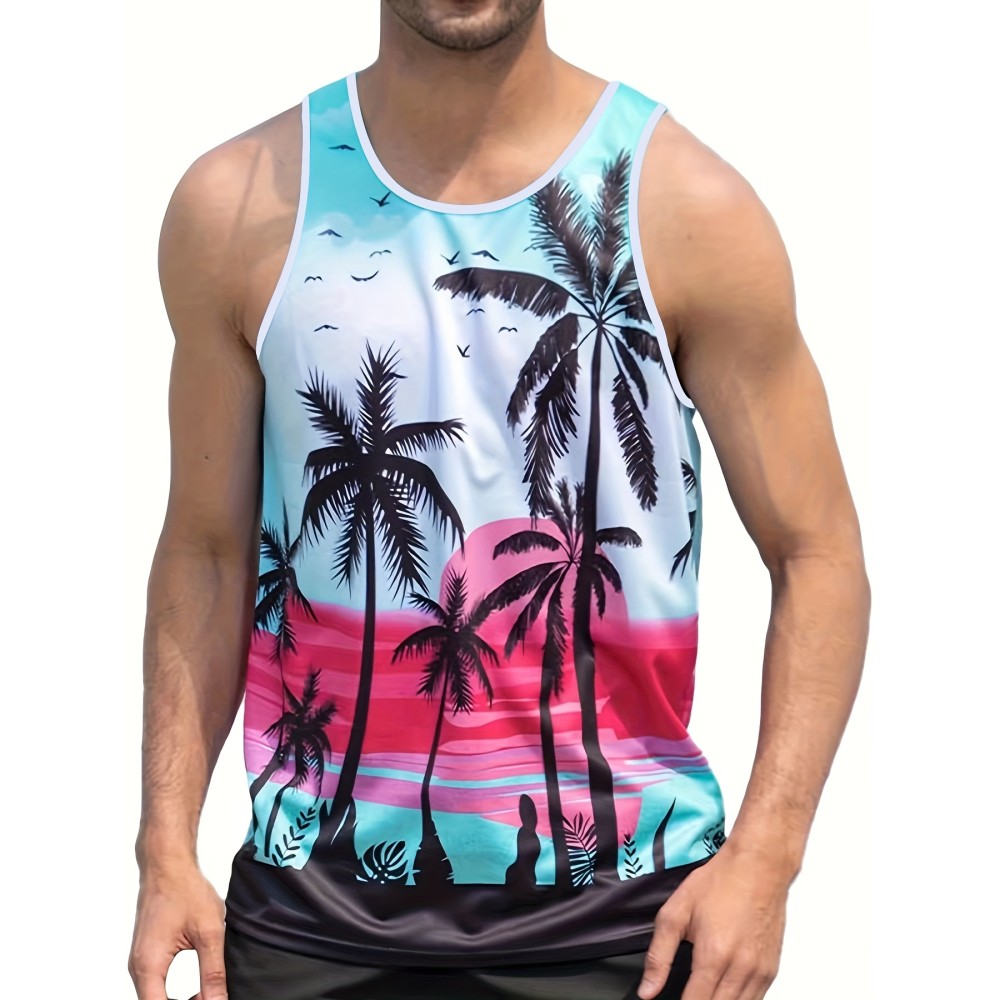 Coconut Tree Print, Men's Tanktop, Casual Loose Sleeveless Shirt For Summer Holiday