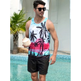 Coconut Tree Print, Men's Tanktop, Casual Loose Sleeveless Shirt For Summer Holiday