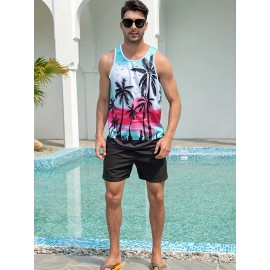 Coconut Tree Print, Men's Tanktop, Casual Loose Sleeveless Shirt For Summer Holiday