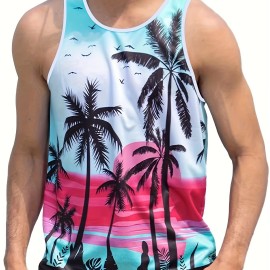 Coconut Tree Print, Men's Tanktop, Casual Loose Sleeveless Shirt For Summer Holiday