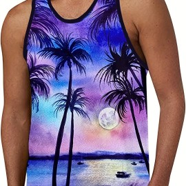 Coconut Tree Print, Men's Tanktop, Casual Loose Sleeveless Shirt For Summer Holiday