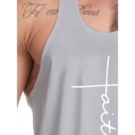 Faith Letter Print Summer Men's Quick Dry Moisture-Wicking Breathable Tank Tops, Athletic Gym Bodybuilding Sports Sleeveless Shirts, For Running Training, Men's Clothing