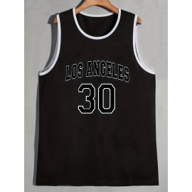 Men's Letter "LOS ANGELES" And Numbers "30" Graphic Color Block Sleeveless Crew Neck Loose Mesh Breathable Basketball Sports Tank Top Summer Clothes