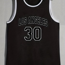 Men's Letter "LOS ANGELES" And Numbers "30" Graphic Color Block Sleeveless Crew Neck Loose Mesh Breathable Basketball Sports Tank Top Summer Clothes