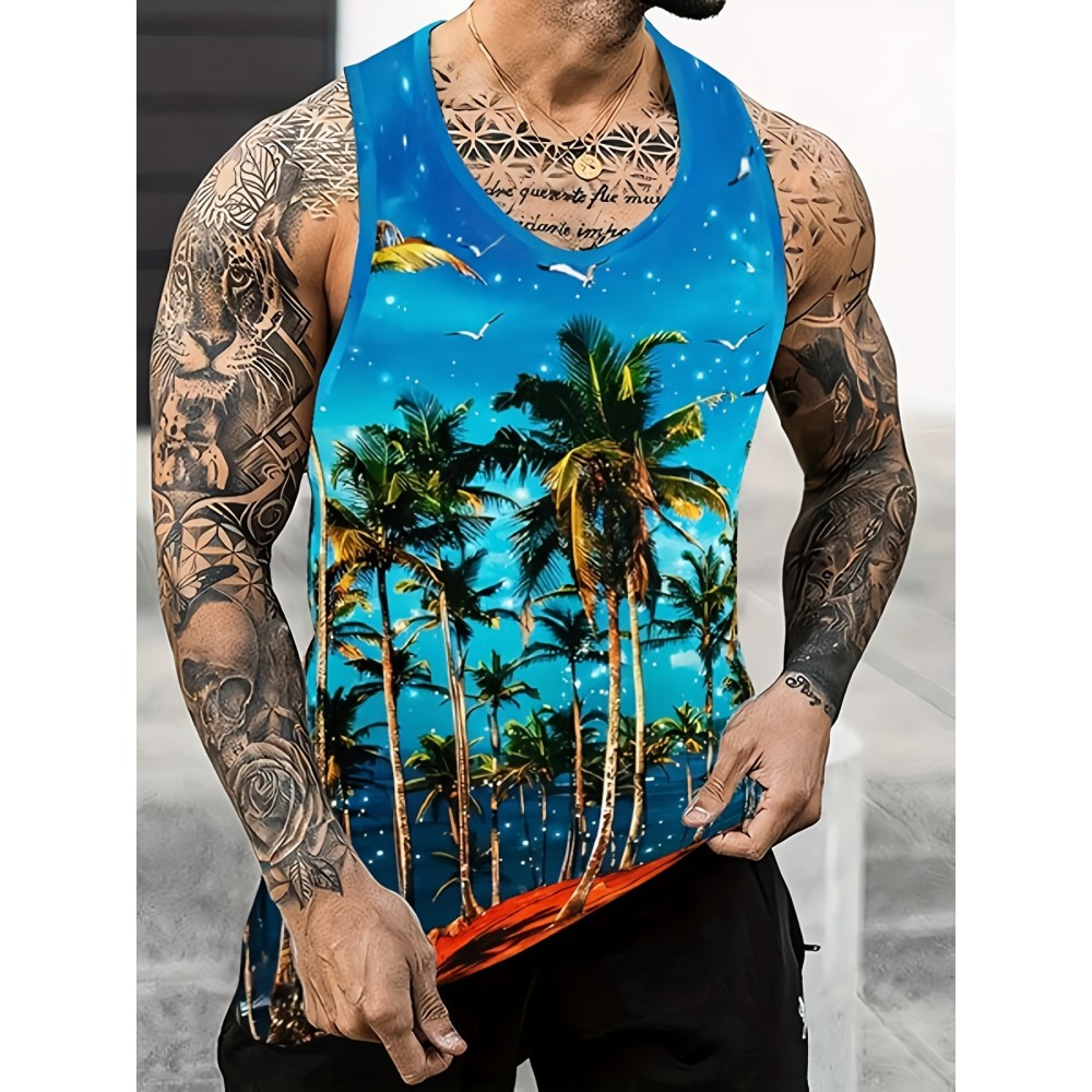 Men's Trendy Hawaiian Crew Neck Graphic Tank Top With Fancy Palm Tree Print, Perfect For Summer Beach, Pool And Resort