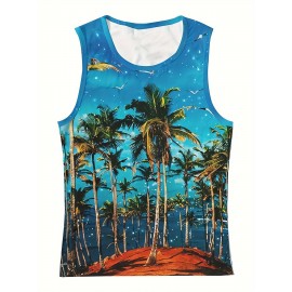 Men's Trendy Hawaiian Crew Neck Graphic Tank Top With Fancy Palm Tree Print, Perfect For Summer Beach, Pool And Resort