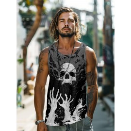 White Skull Palms Print Men's Summer Black Sleeveless Vest Smooth Comfort Fit Loose Sleeveless * Beach Vacation Vest Trendy Fashion Clothing Tops