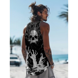 White Skull Palms Print Men's Summer Black Sleeveless Vest Smooth Comfort Fit Loose Sleeveless * Beach Vacation Vest Trendy Fashion Clothing Tops